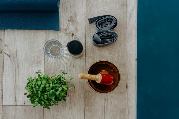 Yoga block and strap on the floor